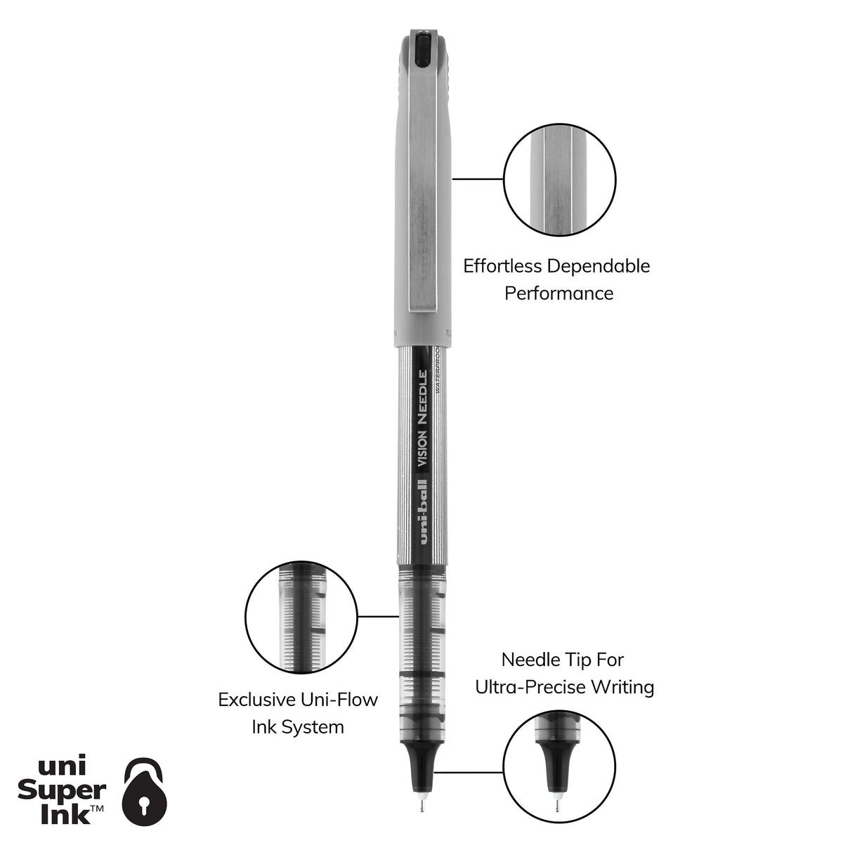 uniball Vision Needle Rollerball Pens, Fine Point, 0.7mm, Assorted Ink, 8/Pack