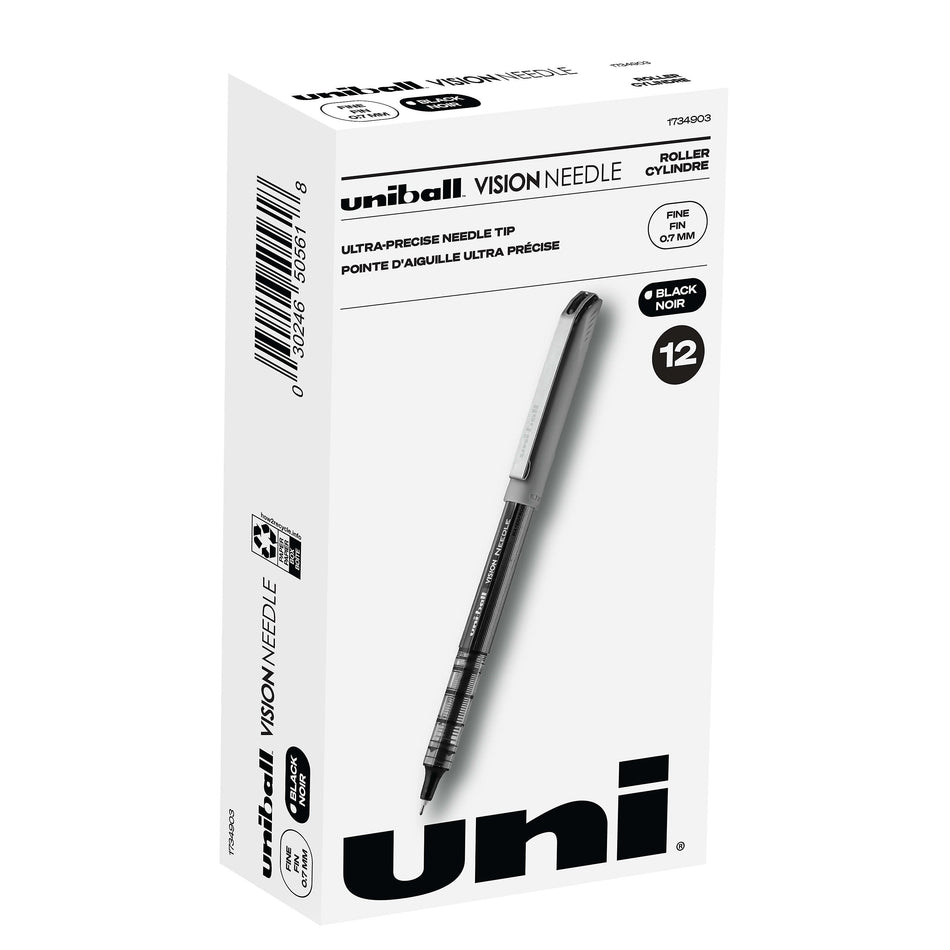 uniball Vision Needle Rollerball Pens, Fine Point, 0.7mm, Black Ink, Dozen