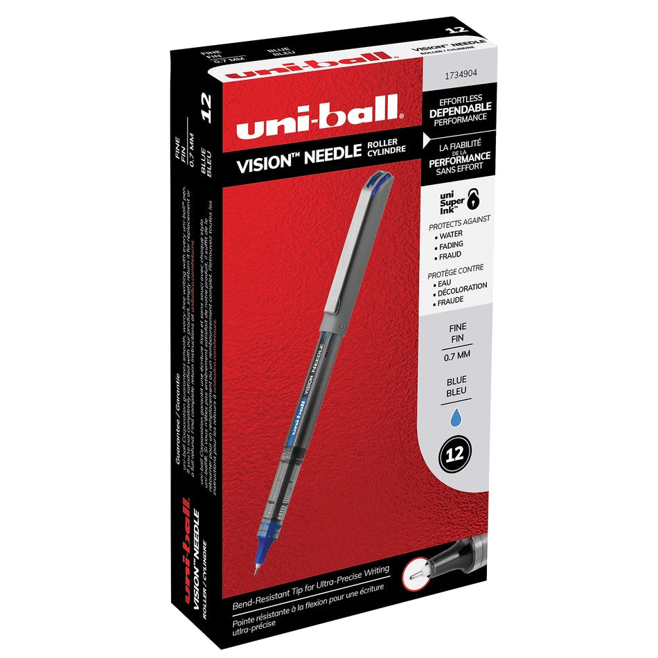 uniball Vision Needle Rollerball Pens, Fine Point, 0.7mm, Blue Ink, Dozen