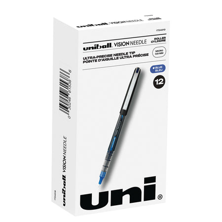 uniball Vision Needle Rollerball Pens, Micro Point, 0.5mm, Blue Ink, 12/Pack