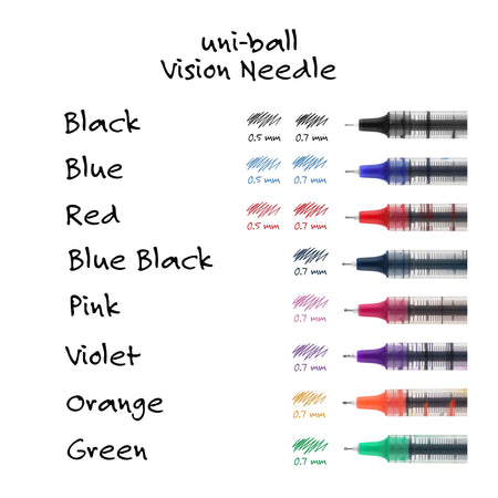 uniball Vision Needle Rollerball Pens, Micro Point, 0.5mm, Blue Ink, 12/Pack