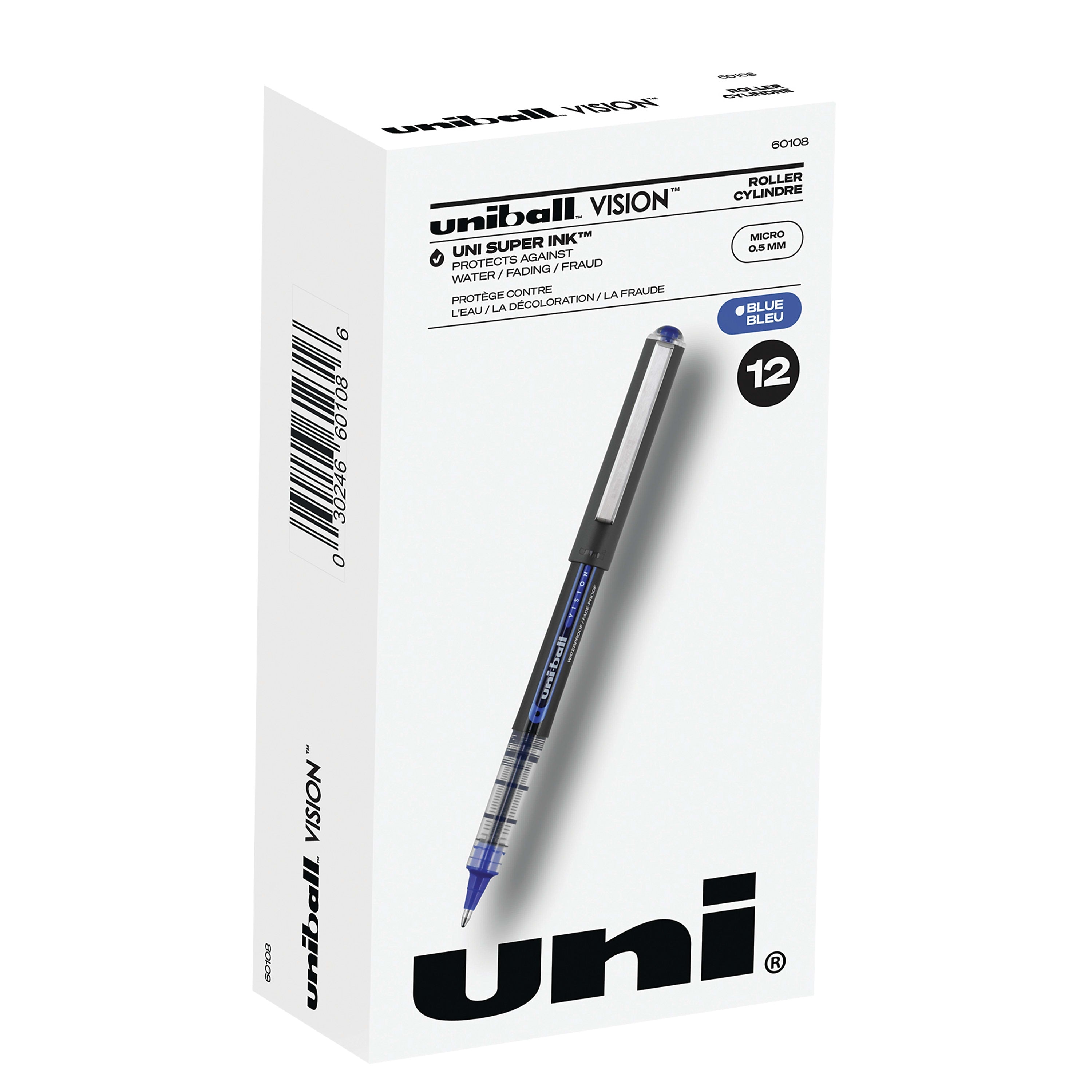 uniball Vision Rollerball Pen, Micro Point, 0.5mm, Blue Ink, Dozen