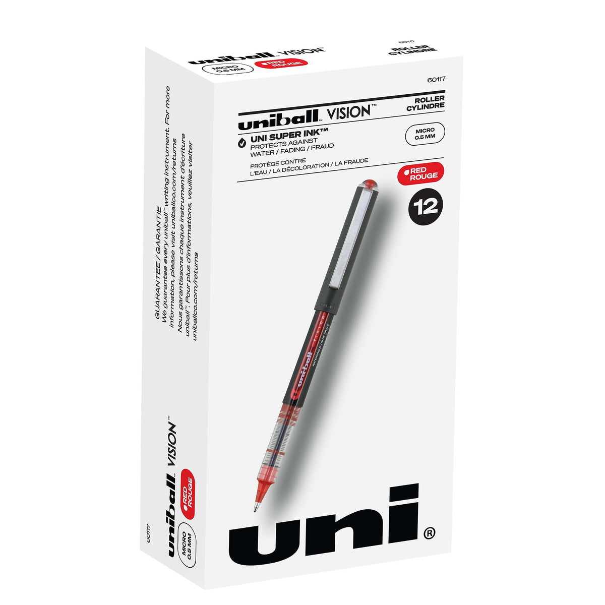 uniball Vision Rollerball Pen, Micro Point, 0.5mm, Red Ink, 12/Pack