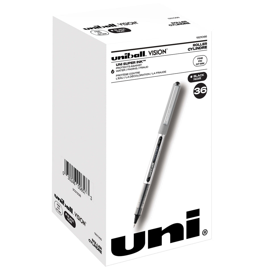 uniball Vision Rollerball Pens, Fine Point, 0.7mm, Black Ink, 36/Pack