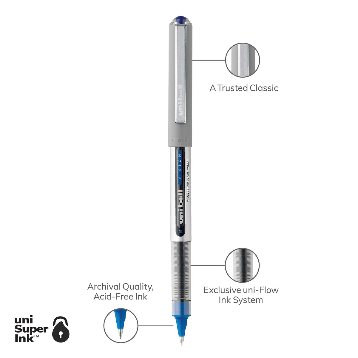 uniball Vision Rollerball Pens, Fine Point, 0.7mm, Blue Ink