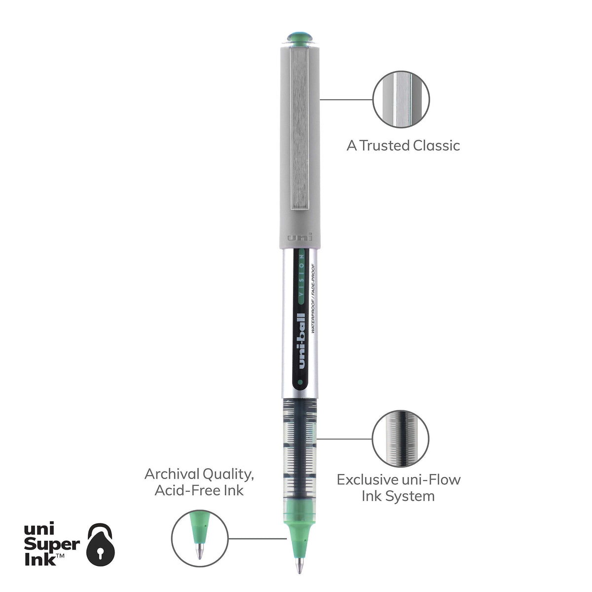 uniball Vision Rollerball Pens, Fine Point, 0.7mm, Green Ink