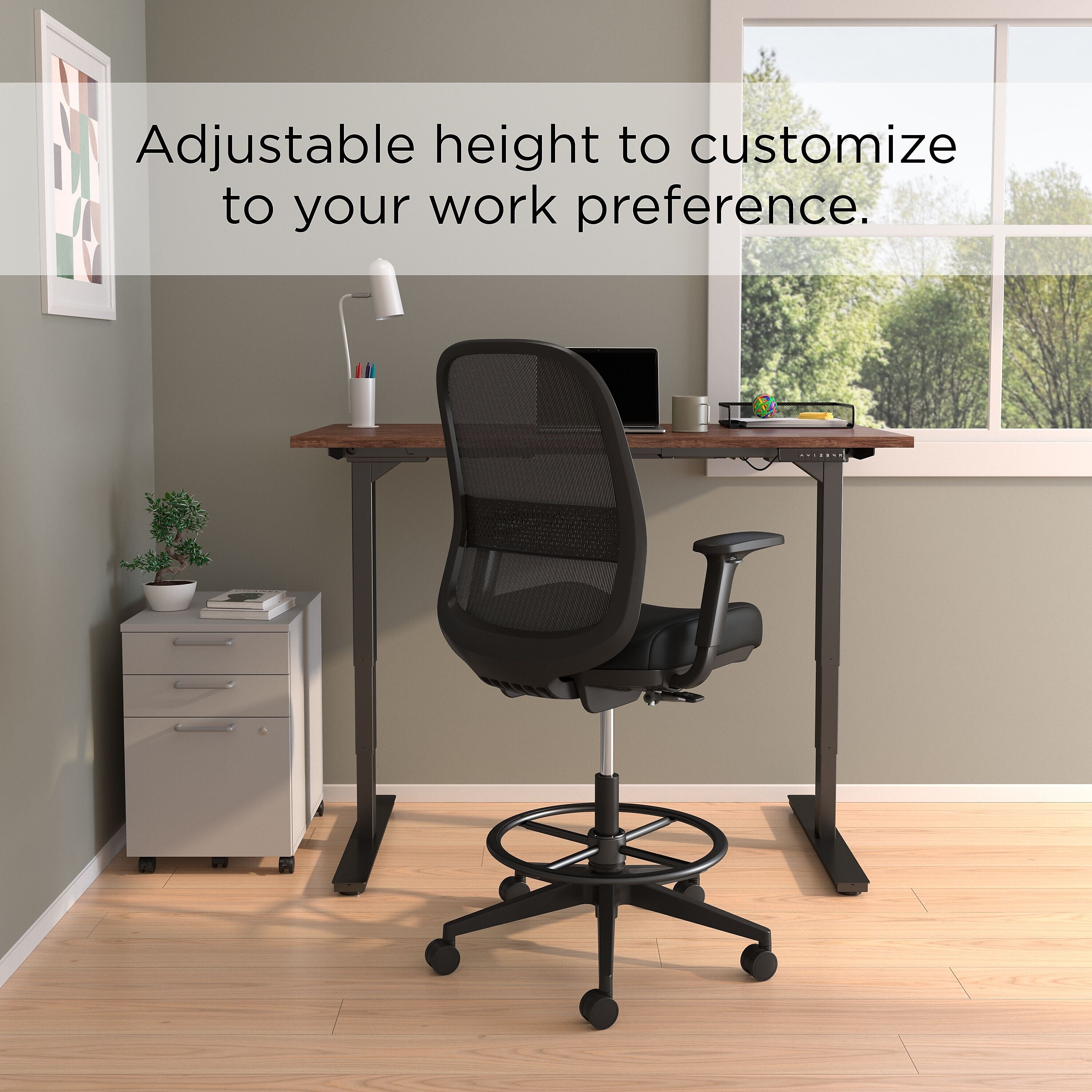 Union & Scale™ Essentials 5-50M Fabric/Mesh Task Stool with Footrest and Lumbar Support, Black