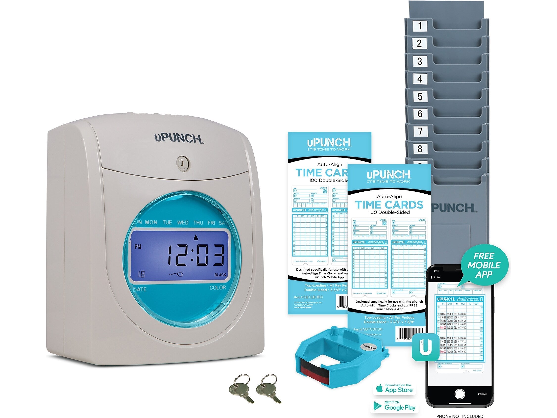 uPunch Auto-Align Digital Time Clock Bundle, White