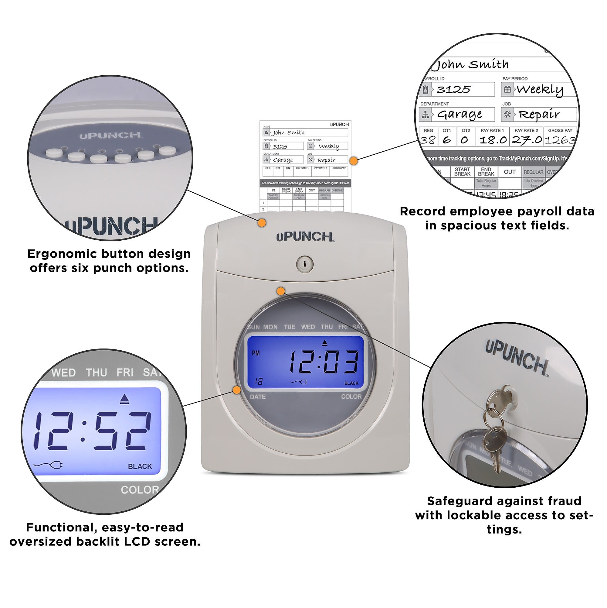 uPunch Electronic Calculating Bundle Punch Card Time Clock System, Gray/Beige