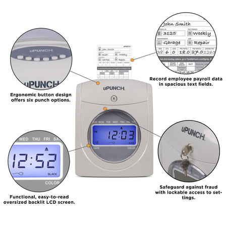 uPunch Electronic Calculating Bundle Punch Card Time Clock System, Gray/Beige