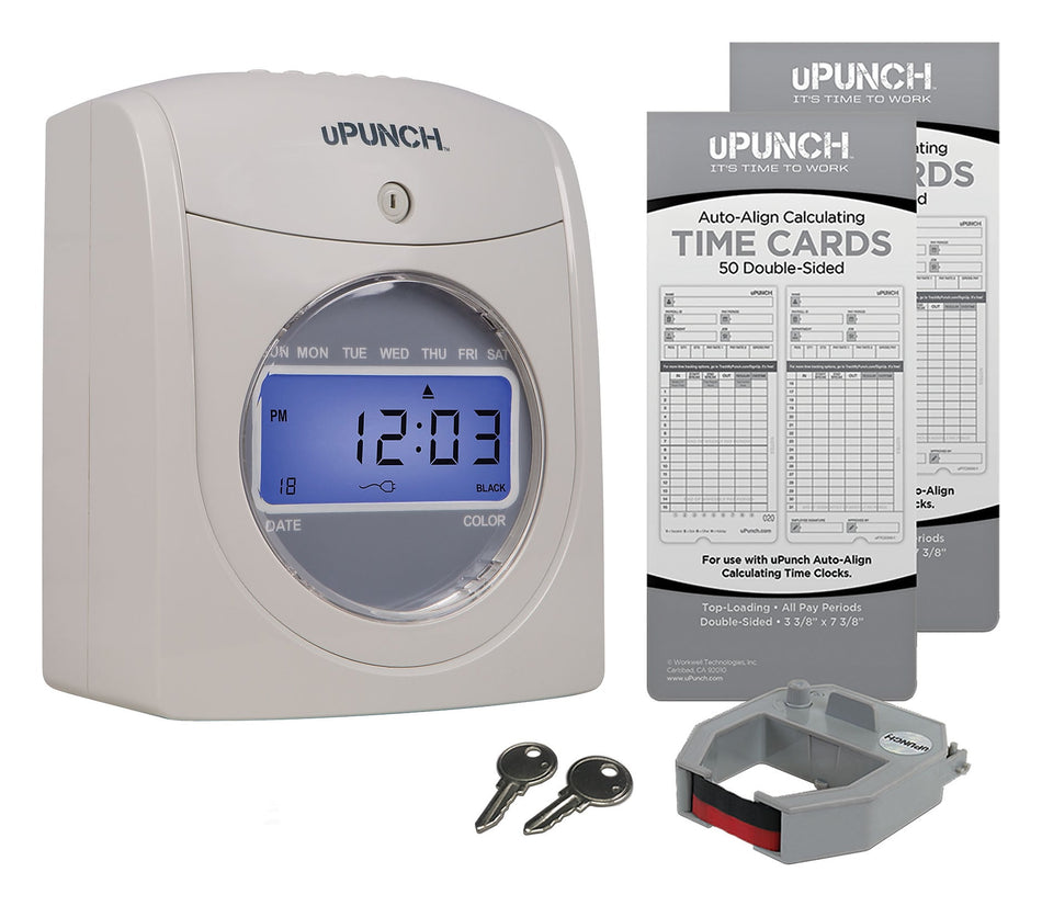 uPunch Electronic Calculating Time Clock Starter Bundle Punch Card System, White