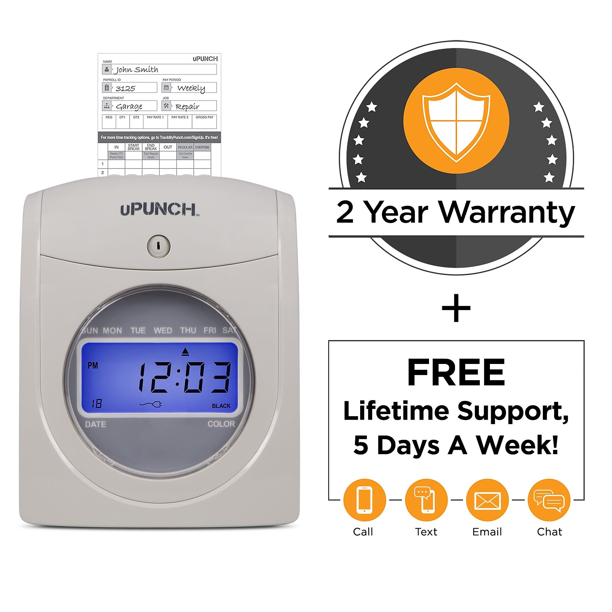 uPunch Electronic Calculating Time Clock Starter Bundle Punch Card System, White