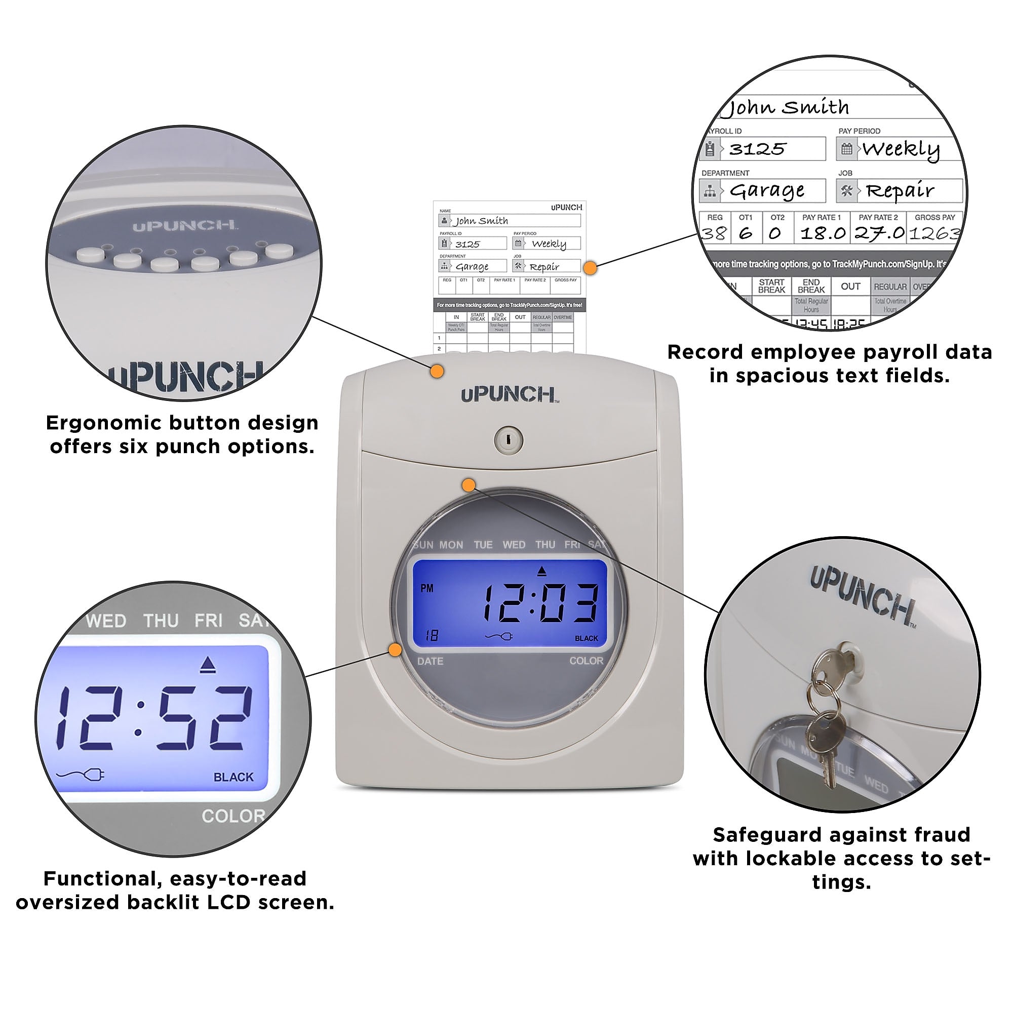 uPunch Electronic Calculating Time Clock Starter Bundle Punch Card System, White