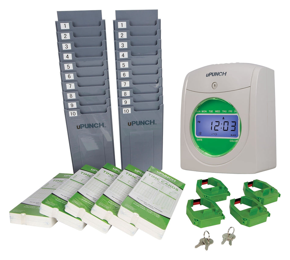 uPunch Electronic Non-Calculating Bundle Punch Card Time Clock System, Green/Beige