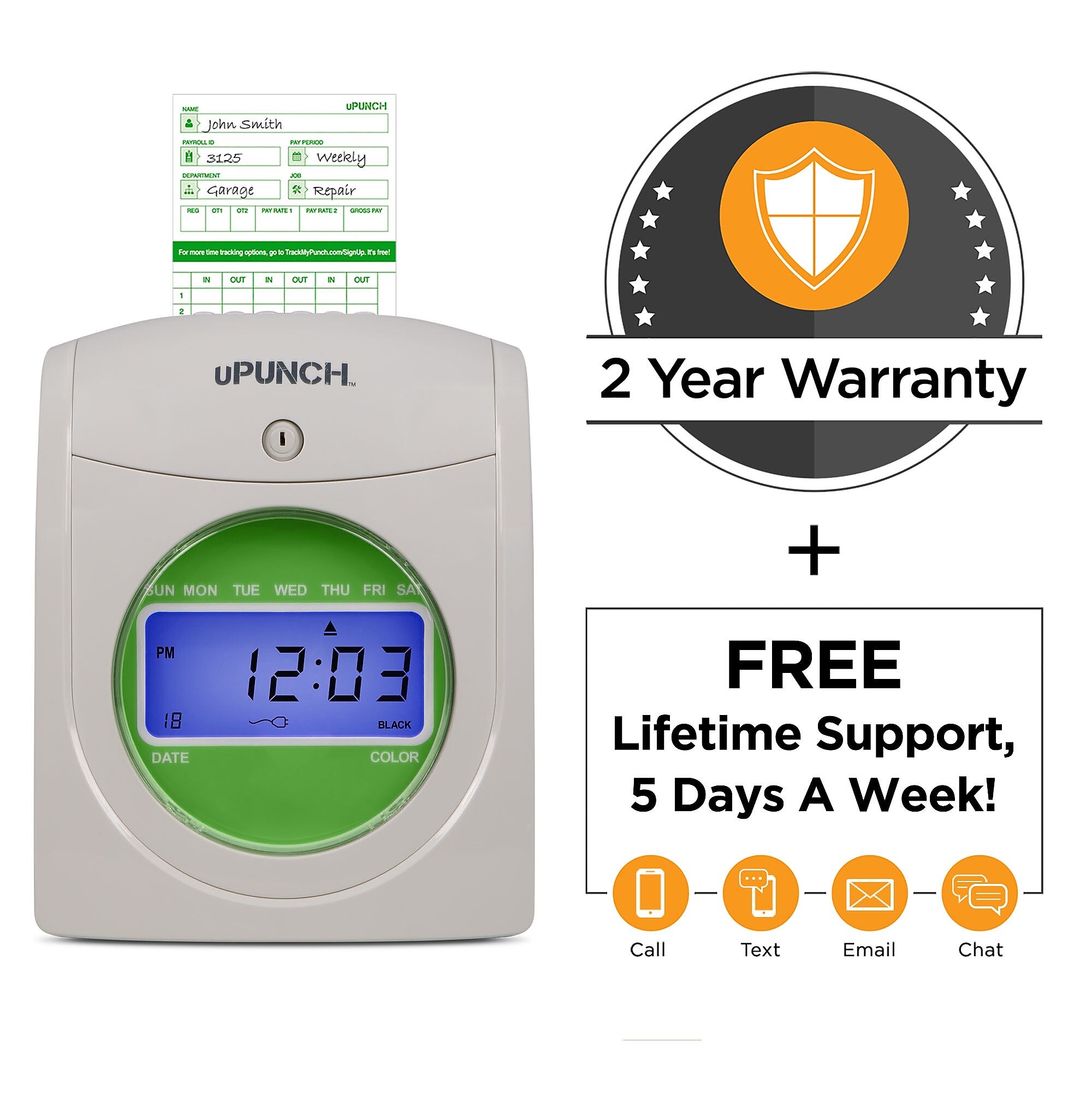 uPunch Electronic Non-Calculating Time Clock Punch Card System Bundle, White