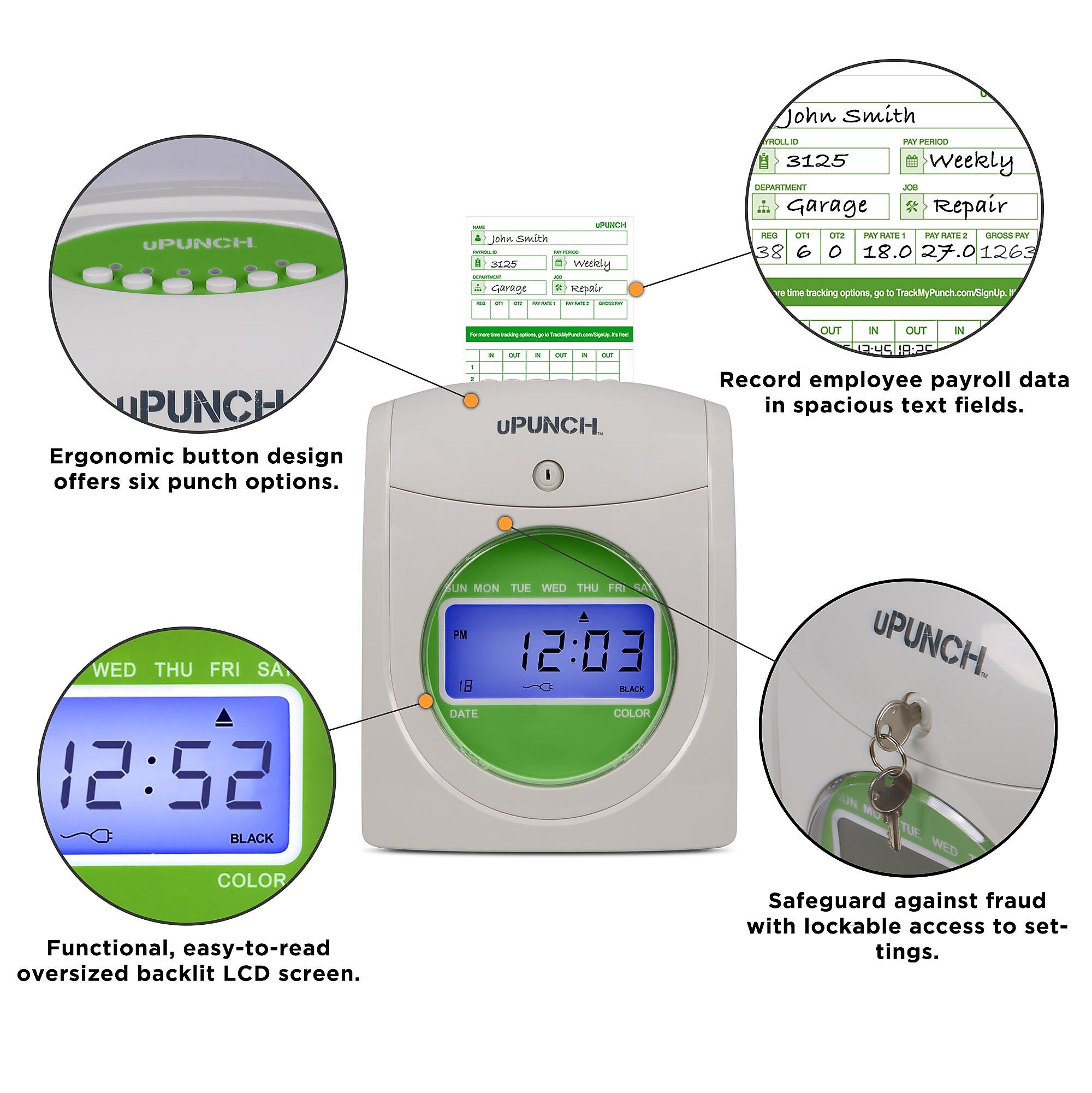 uPunch Electronic Non-Calculating Time Clock Punch Card System Bundle, White