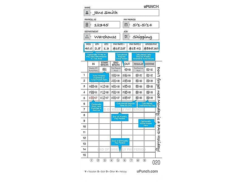 uPunch Time Card for HN4000 Time Clock, 100/Pack