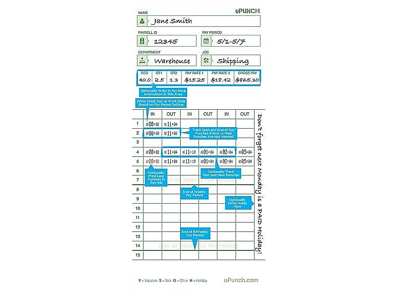uPunch Time Cards for HN1000/3000 Time Clocks, 100/Pack
