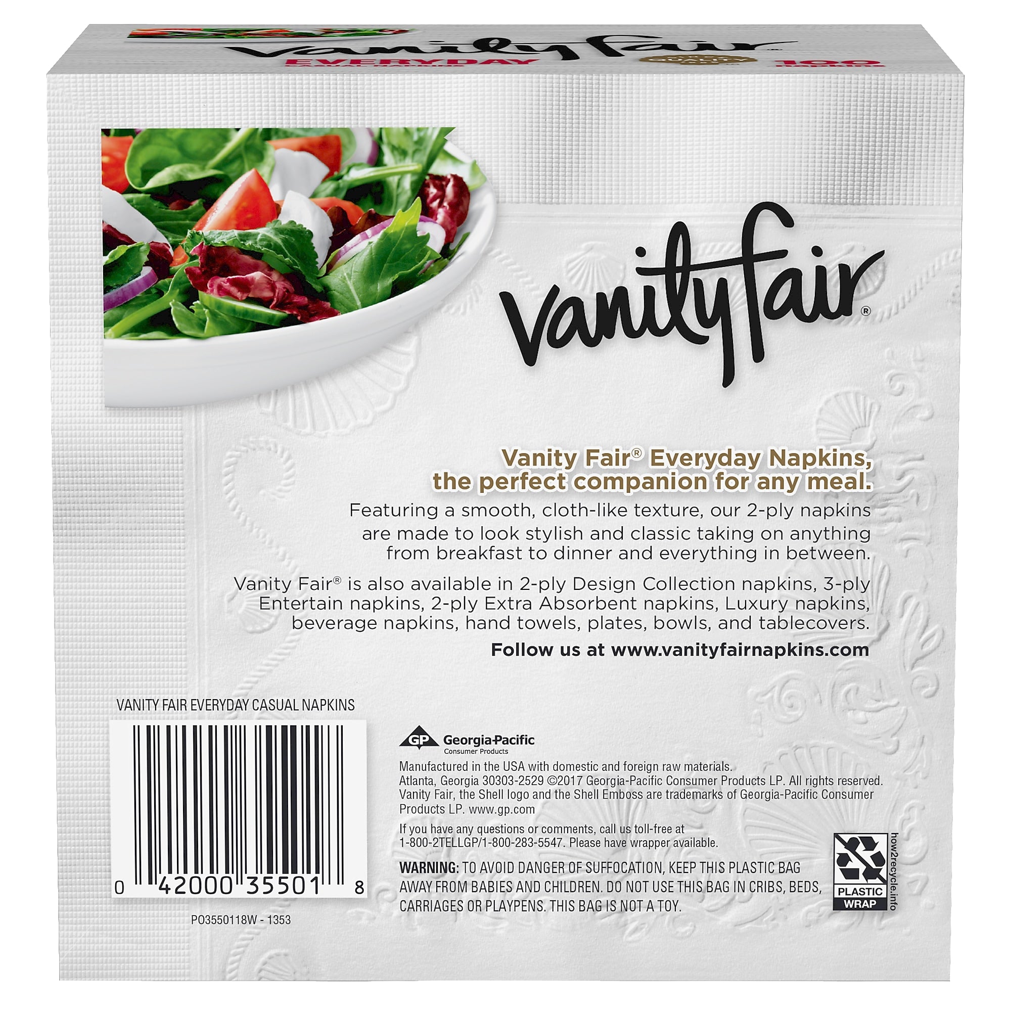 Vanity Fair Everyday Luncheon Napkins, 2-Ply, White, 100/Pack