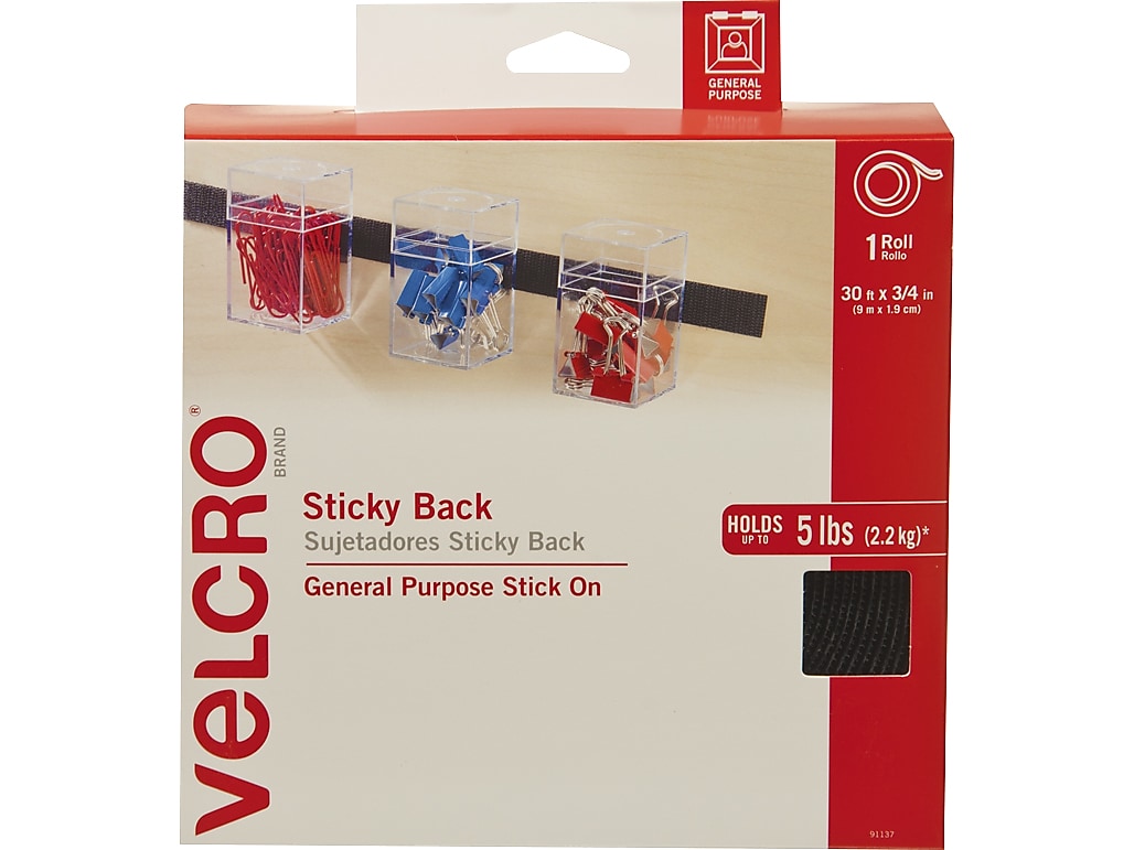 Velcro 0.75" x 360" Sticky Back Hook & Loop Fastener, Black, Each