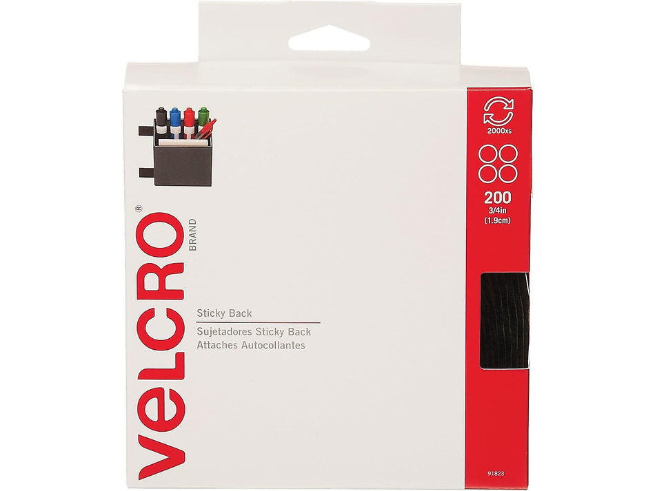 Velcro® Brand 3/4" Sticky Back Hook & Loop Fastener Dots, Black, 200/Pack