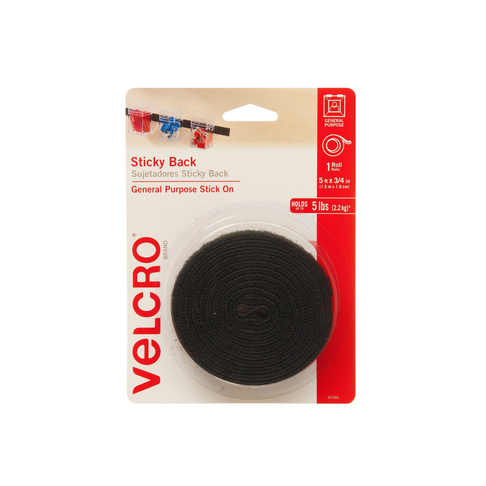 Velcro® Brand 3/4" x 5' Sticky Back Hook & Loop Fastener Roll, Black