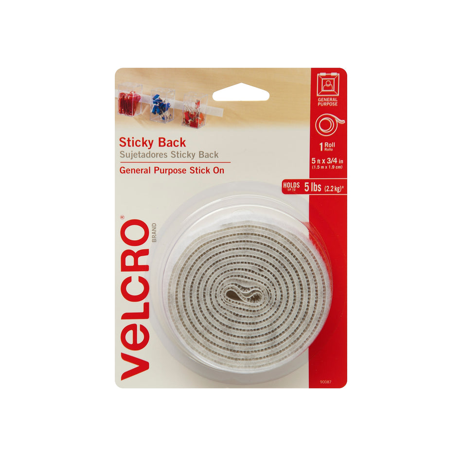 Velcro® Brand 3/4" x 5' Sticky Back Hook & Loop Fastener Roll, White