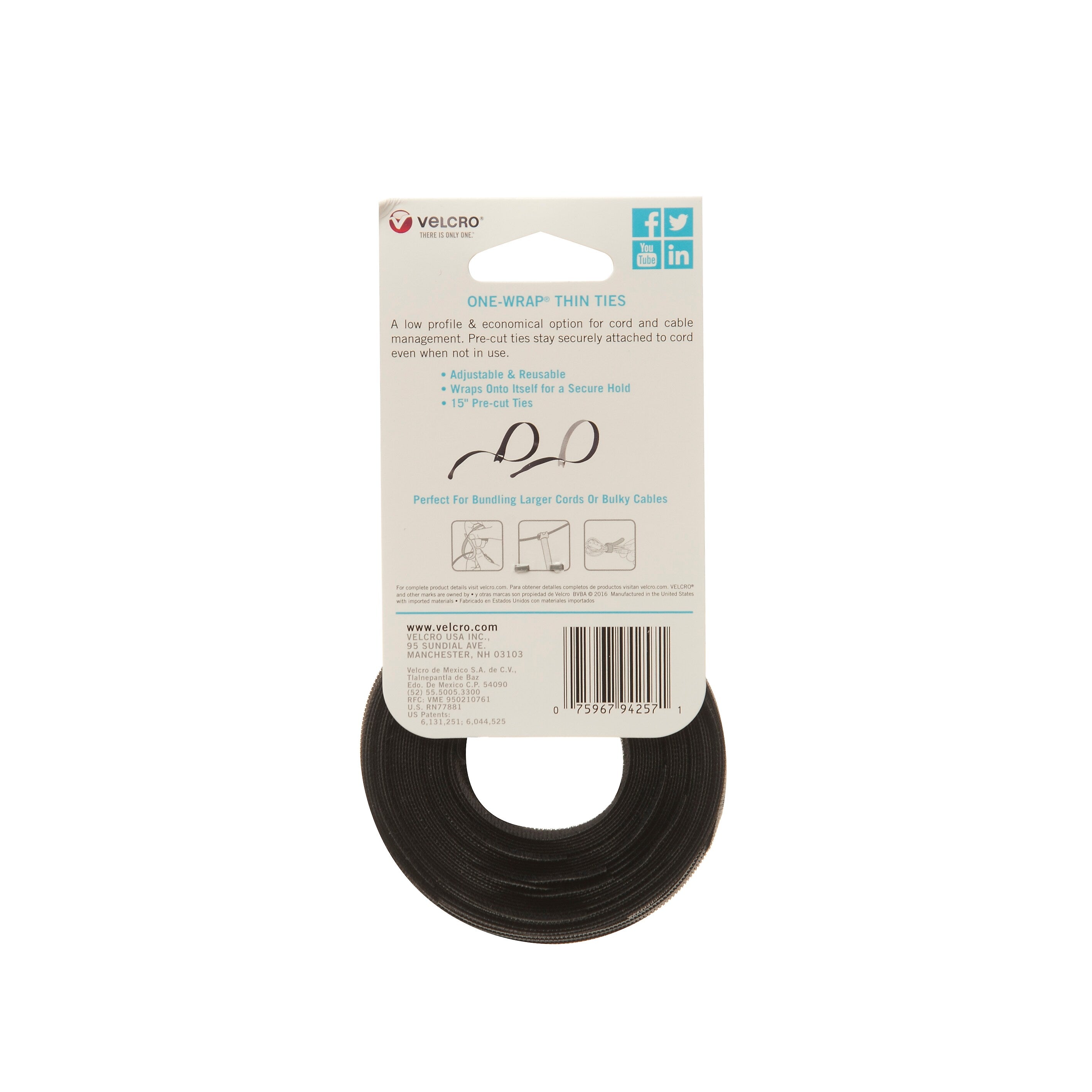 Velcro Brand ONE-WRAP Cable Ties, 1/2