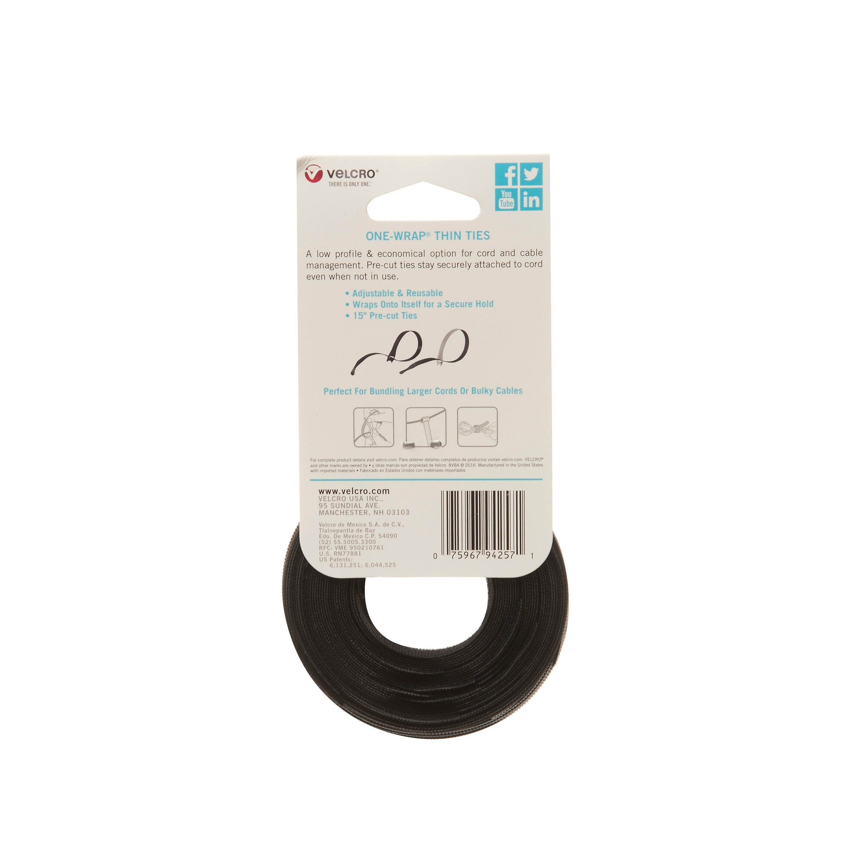 Velcro Brand ONE-WRAP Cable Ties, 1/2