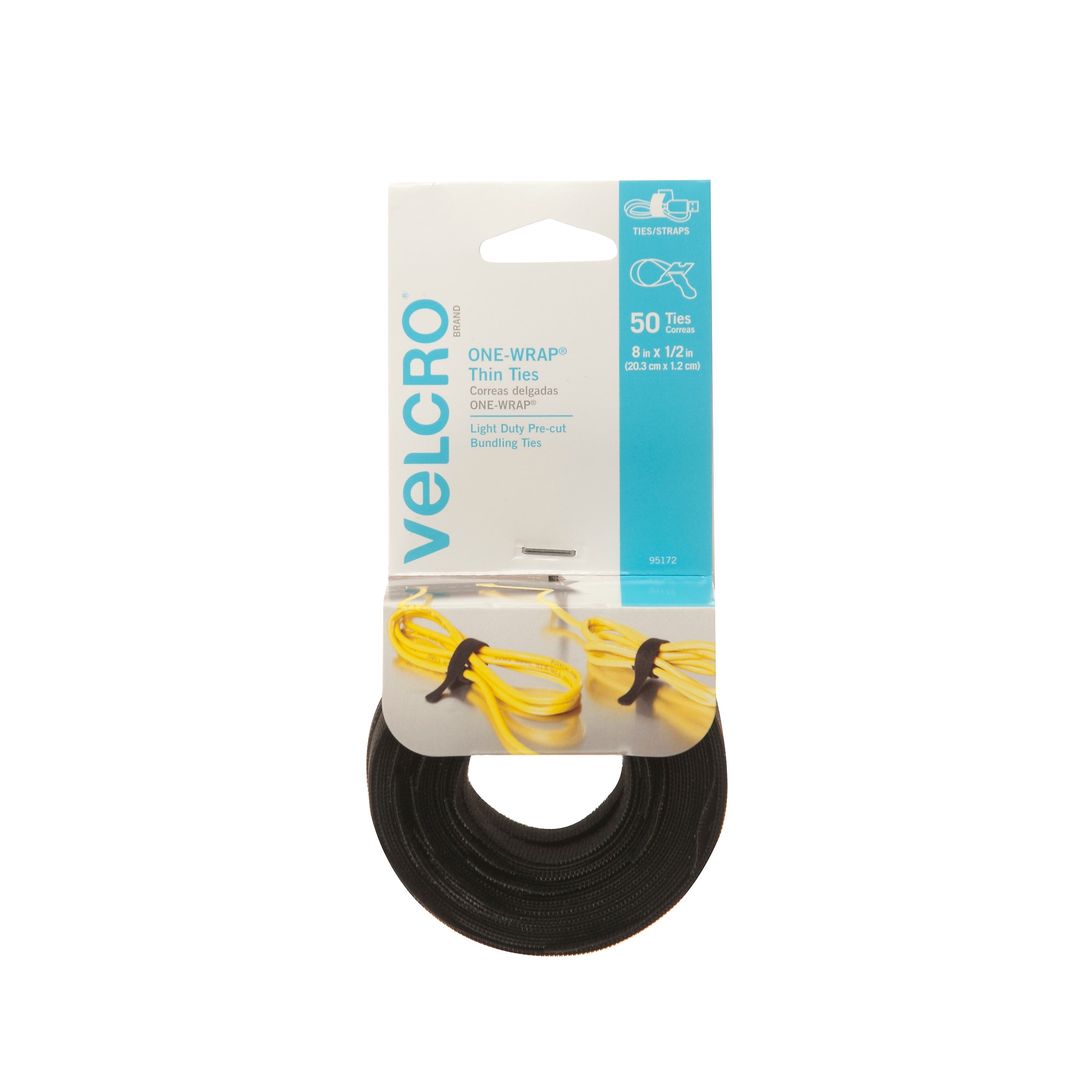 Velcro Brand ONE-WRAP Cable Ties, 1/2" x 8", Reusable Hook & Loop Fastener, Black, 50/Pack