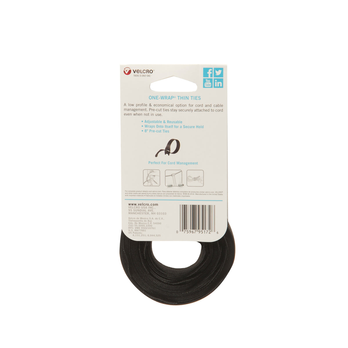 Velcro Brand ONE-WRAP Cable Ties, 1/2" x 8", Reusable Hook & Loop Fastener, Black, 50/Pack