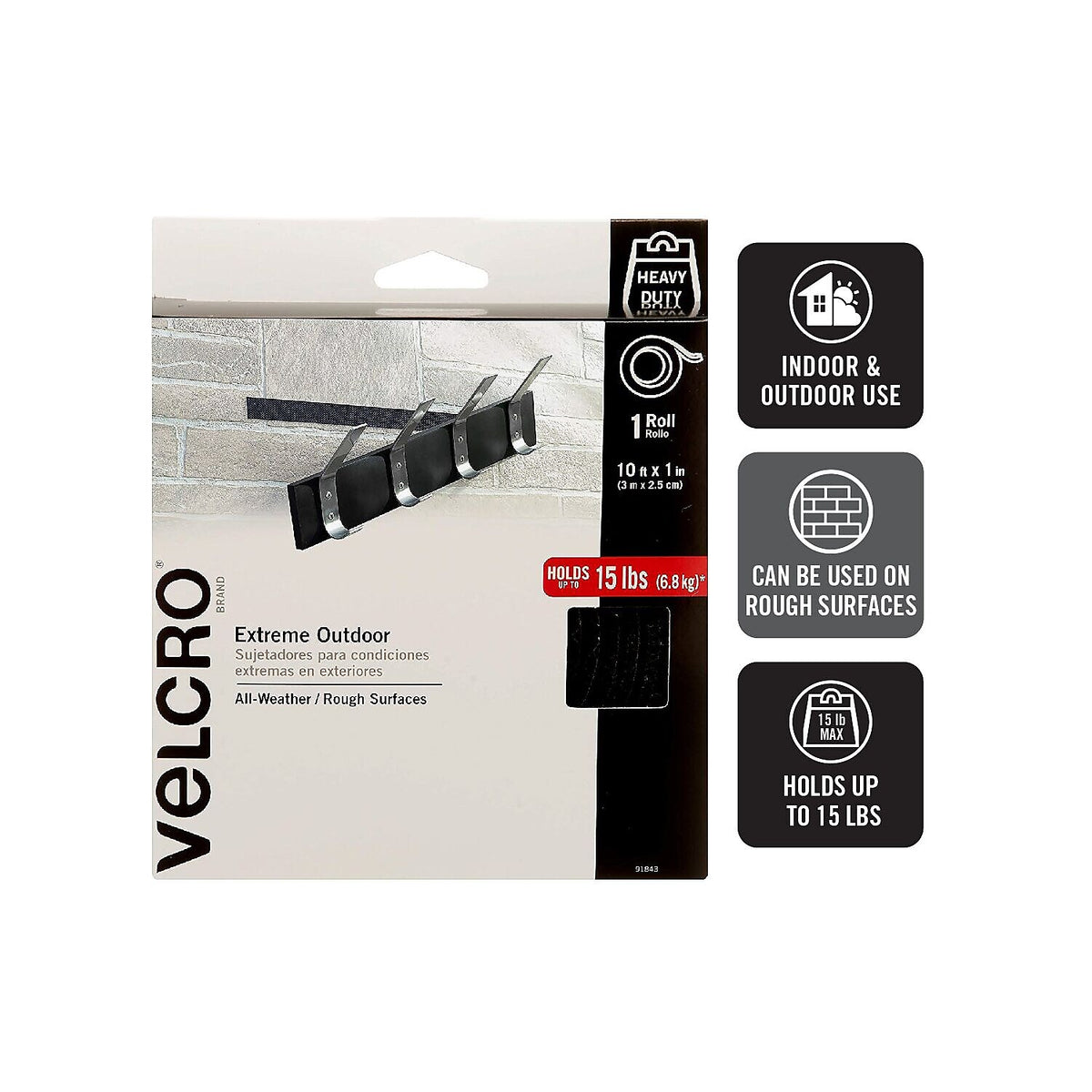 Velcro Extreme Fasteners, 1" x 10 Ft, Black, 1 Roll