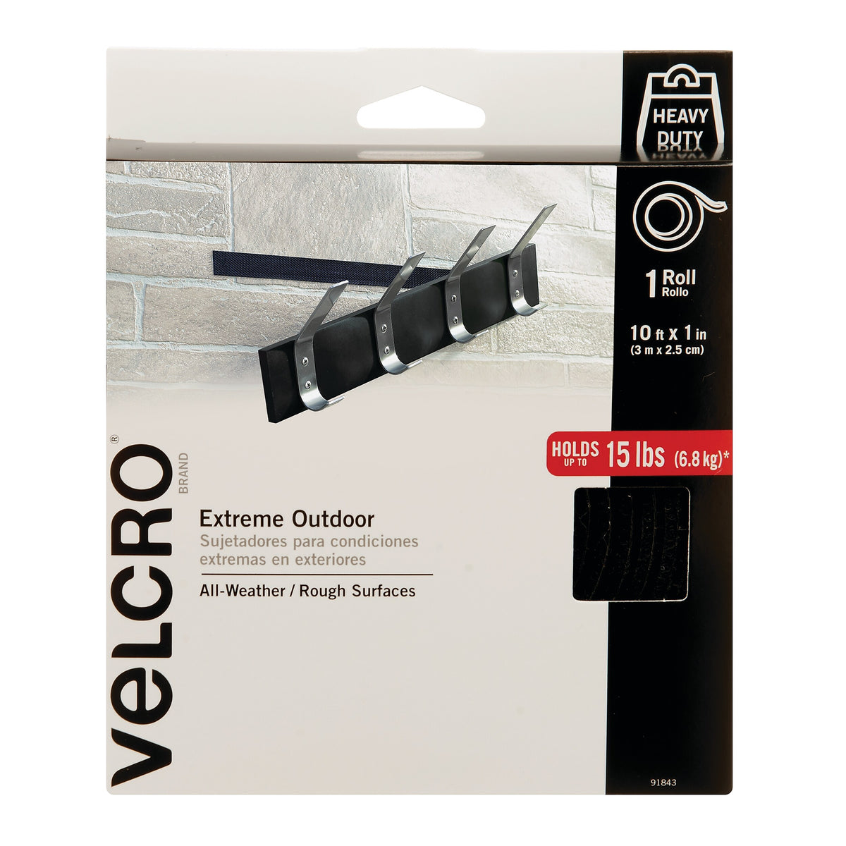 Velcro Extreme Fasteners, 1" x 10 Ft, Black, 1 Roll