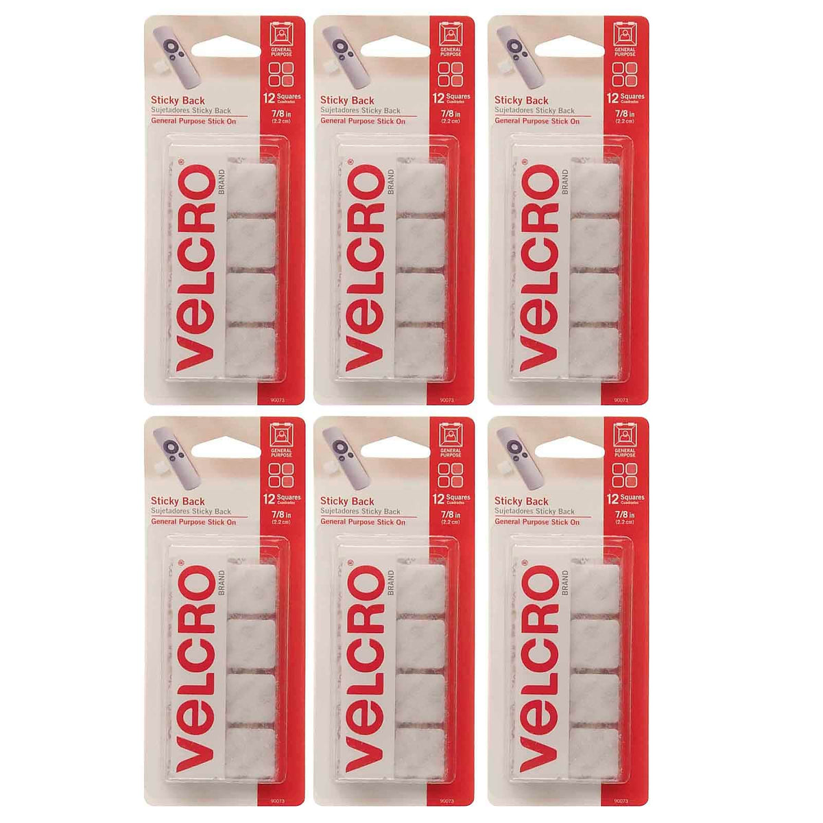 VELCRO® Sticky Back™ 7/8" x 7/8", Square Hook & Loops Fasteners, White, 12 Per Pk/6 Sets