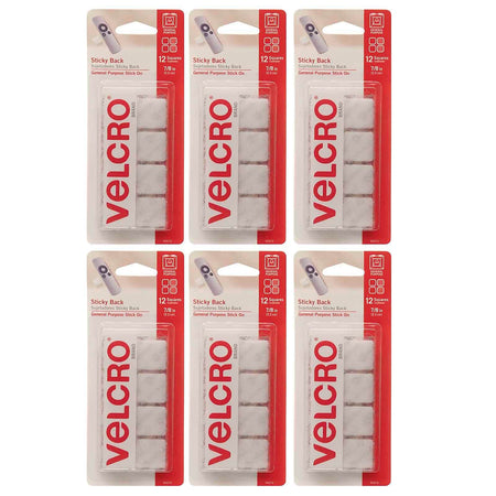 VELCRO® Sticky Back™ 7/8" x 7/8", Square Hook & Loops Fasteners, White, 12 Per Pk/6 Sets