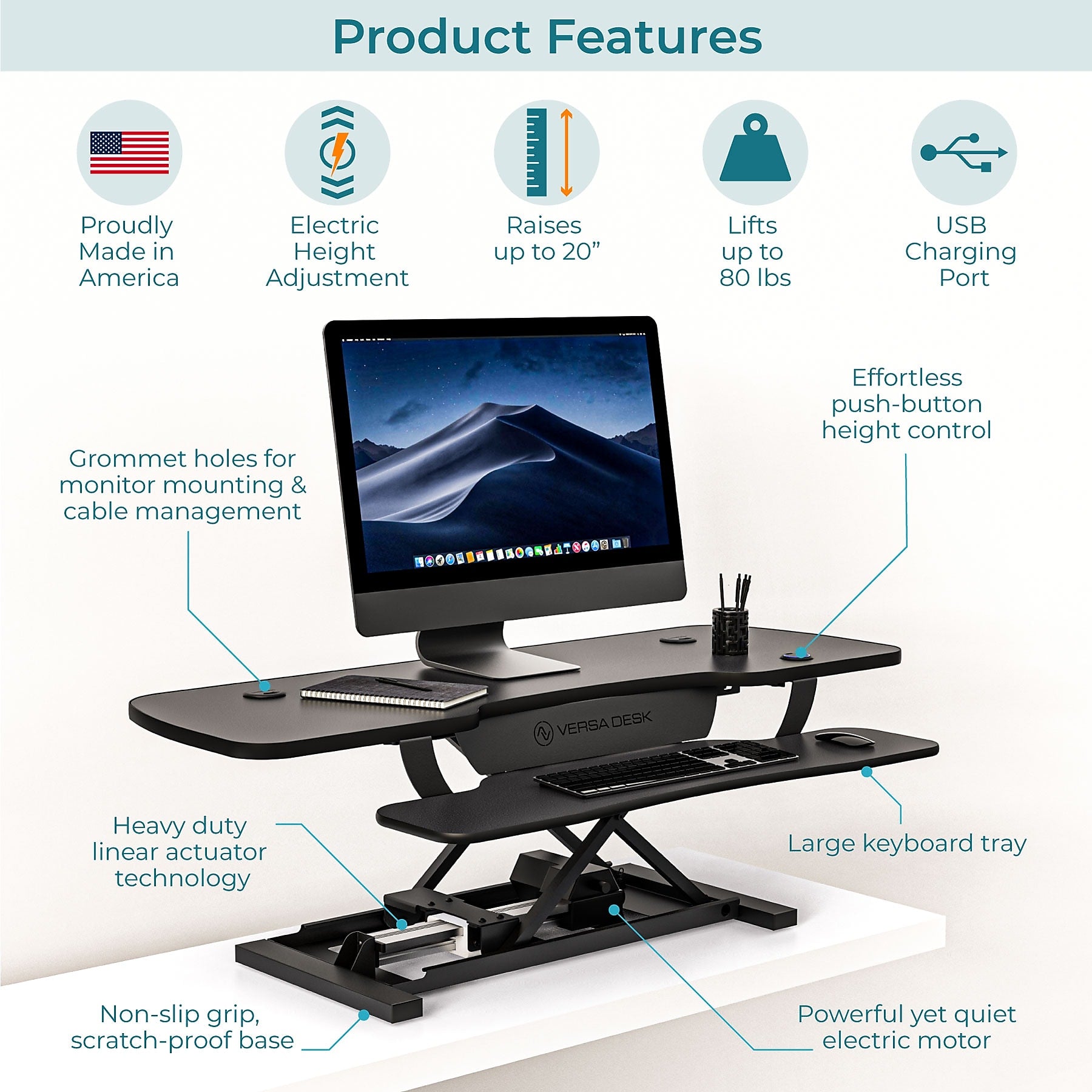 VersaDesk PowerPro 48"W Adjustable Standing Electric Desktop Converter with Keyboard Tray & USB Port, Black