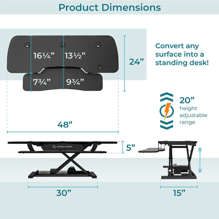 VersaDesk PowerPro 48"W Adjustable Standing Electric Desktop Converter with Keyboard Tray & USB Port, Black