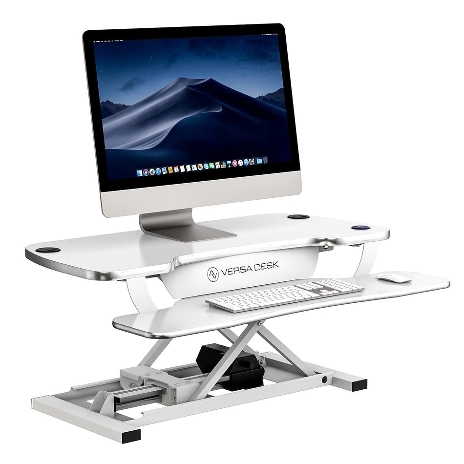 VersaDesk PowerPro 48"W Adjustable Standing Electric Desktop Converter with Keyboard Tray & USB Port, White