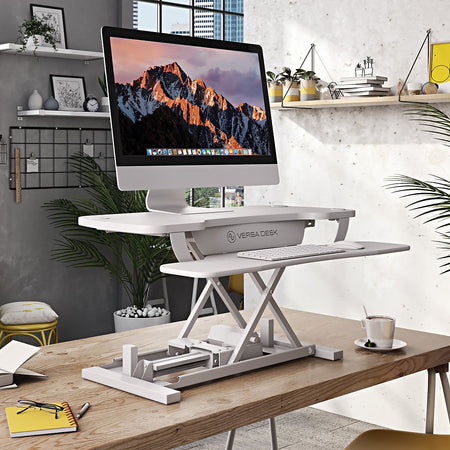 VersaDesk PowerPro 48"W Adjustable Standing Electric Desktop Converter with Keyboard Tray & USB Port, White