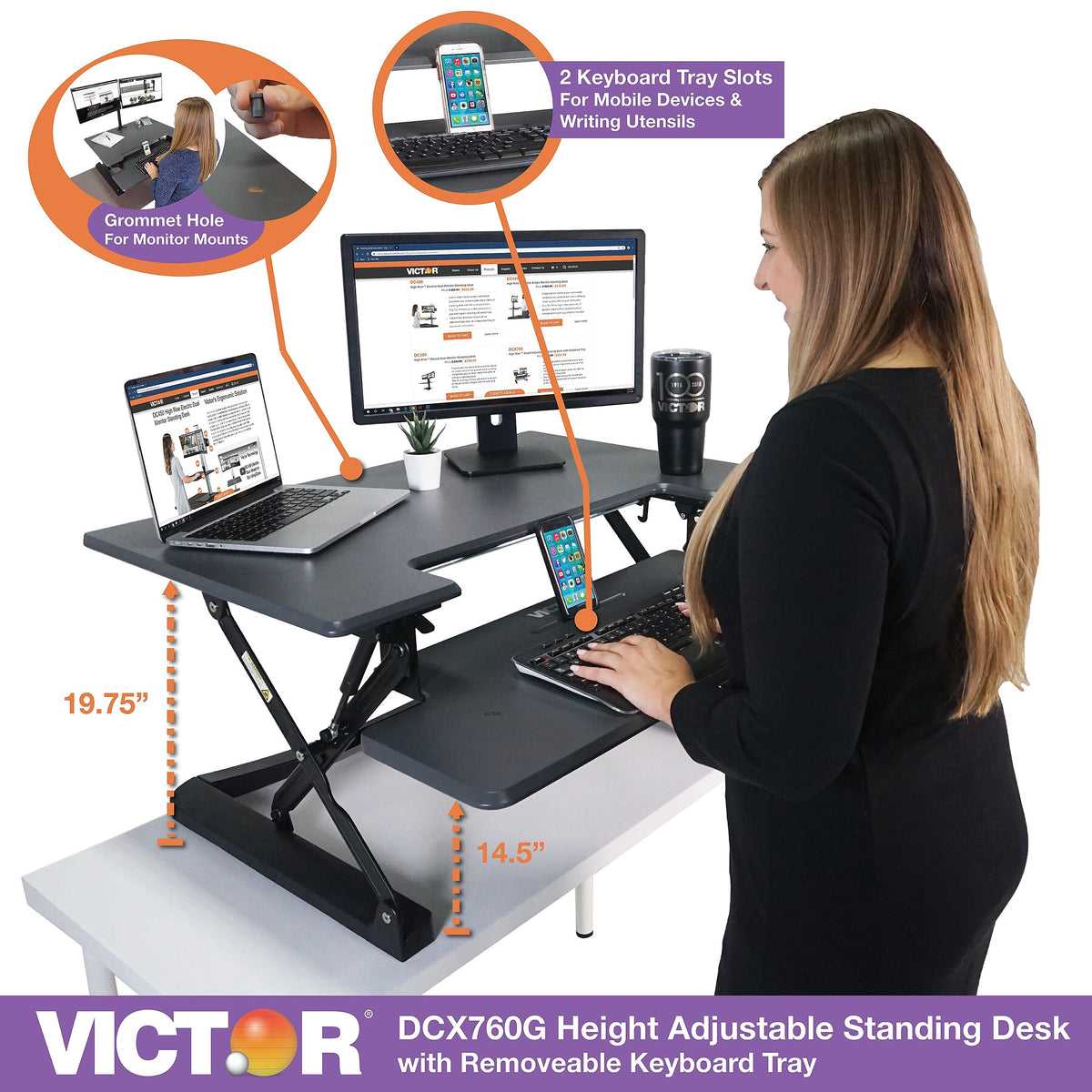 Victor Technology High Rise 21"H Adjustable Desk, Black Wood