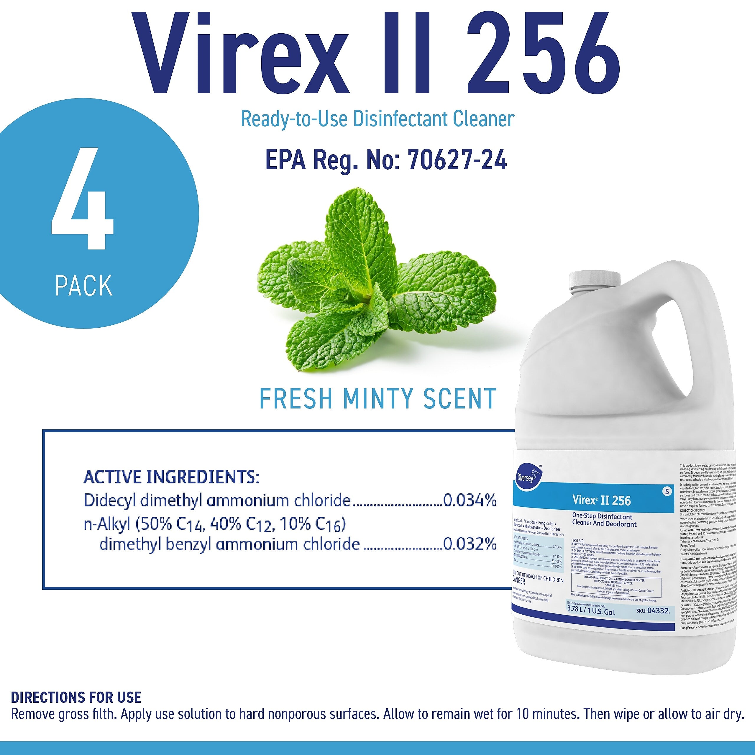 Virex II 256 Cleaner Disinfectants, Mint, 128 oz., 4/Carton