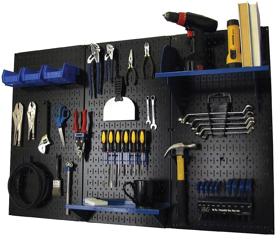 Wall Control 4' Metal Pegboard Standard Workbench Kit, Black Tool Board and Blue Accessories