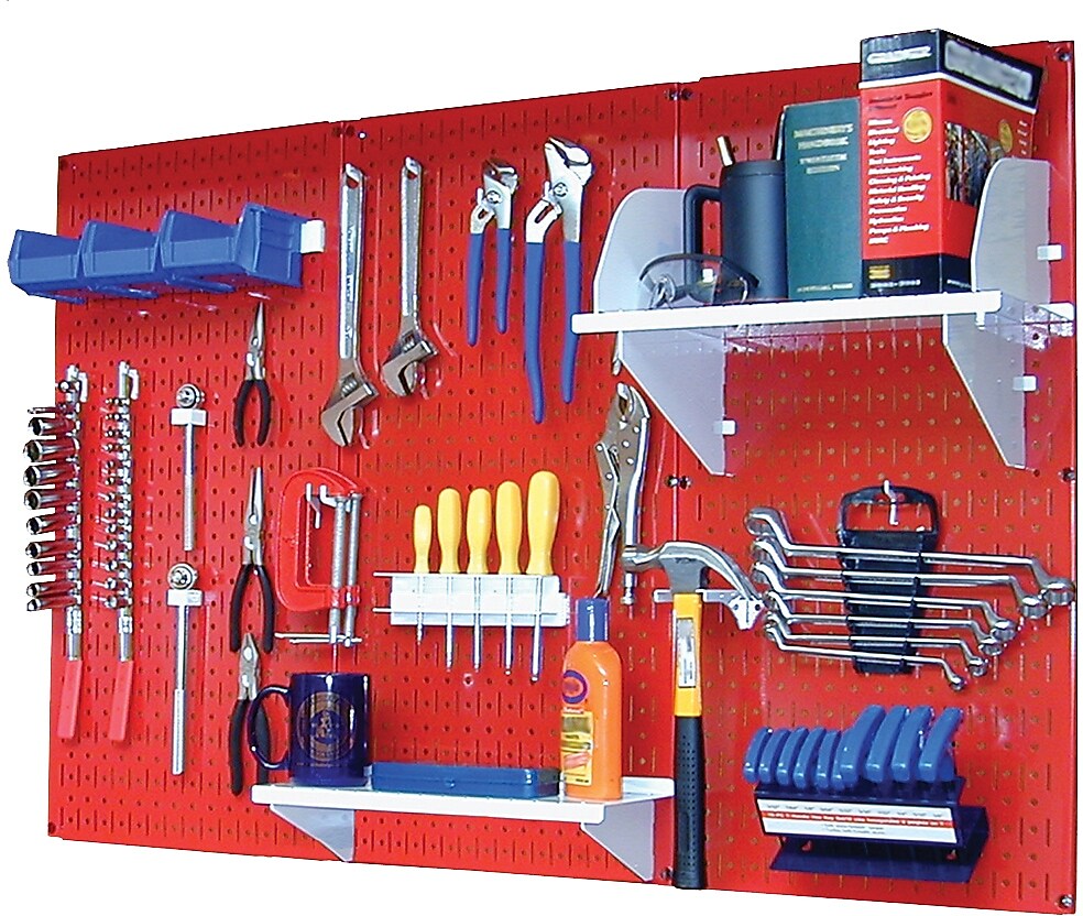 Wall Control 4' Metal Pegboard Standard Workbench Kit, Red Tool Board and White Accessories