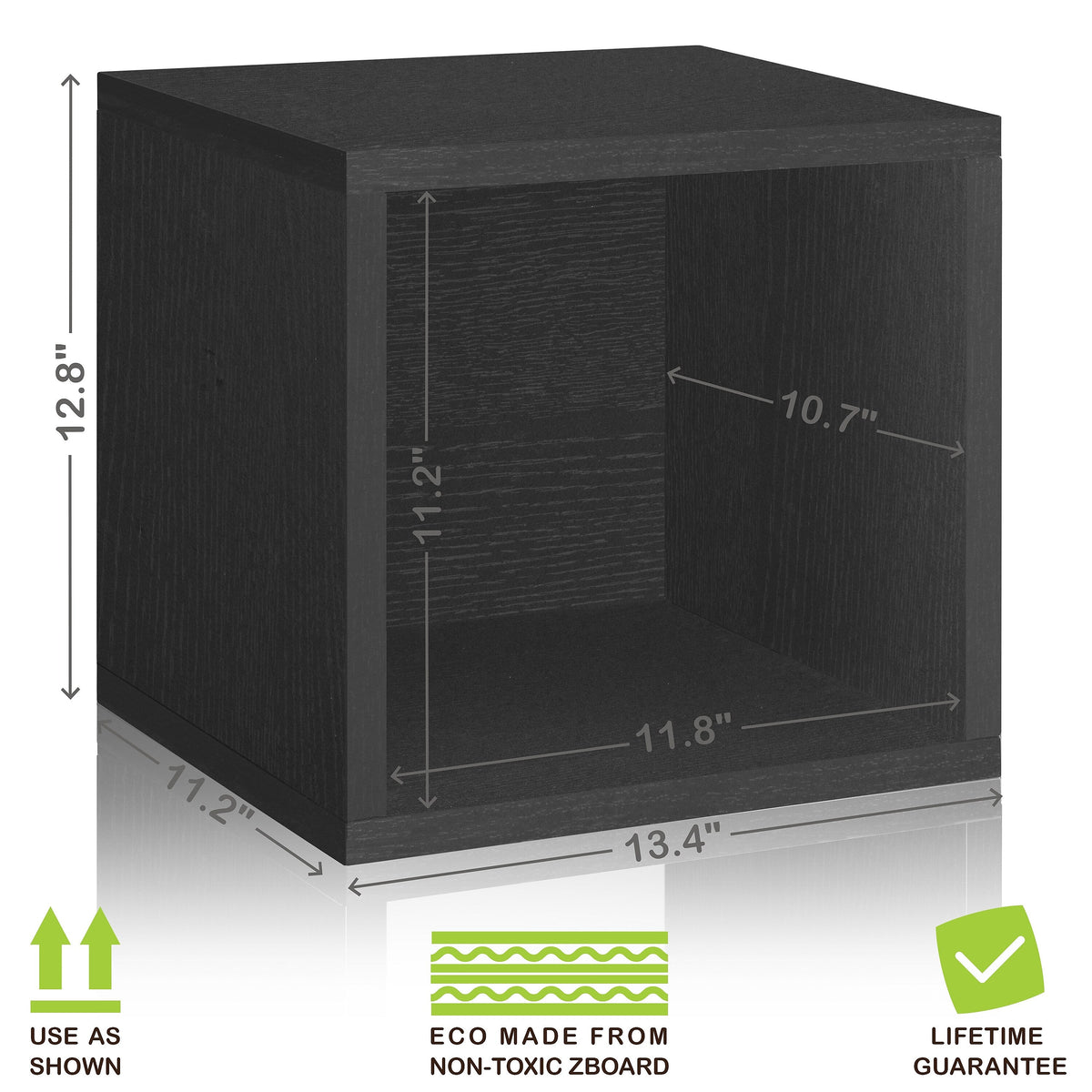 Way Basics 12.8"H x 13.4"W Eco Modular Stackable Storage Cube Modern Cubby Organizer, Black Wood Grain