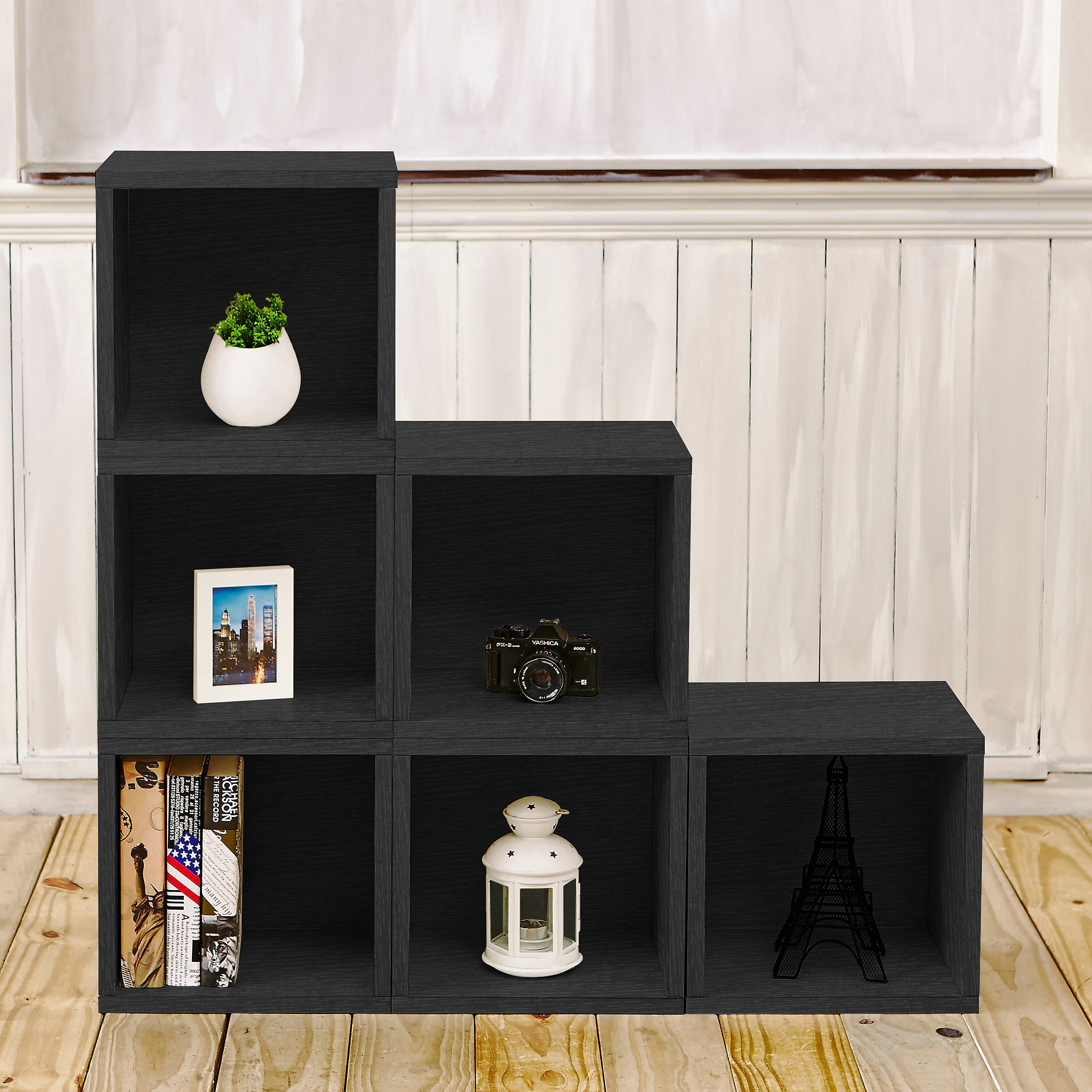 Way Basics 12.8"H x 13.4"W Eco Modular Stackable Storage Cube Modern Cubby Organizer, Black Wood Grain