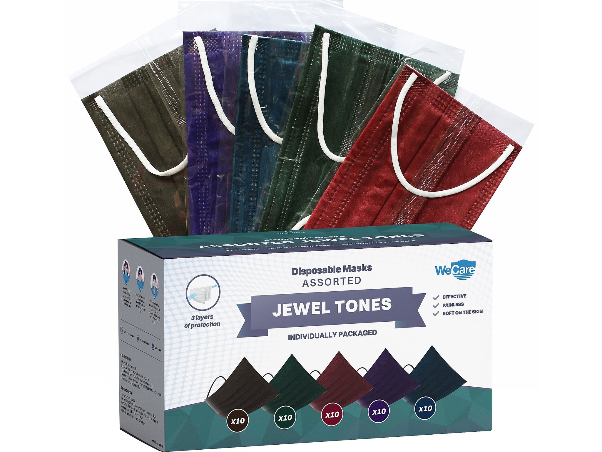 WeCare 3-ply Disposable Face Mask ,Adult, Assorted Jewel Tones, 50/Box