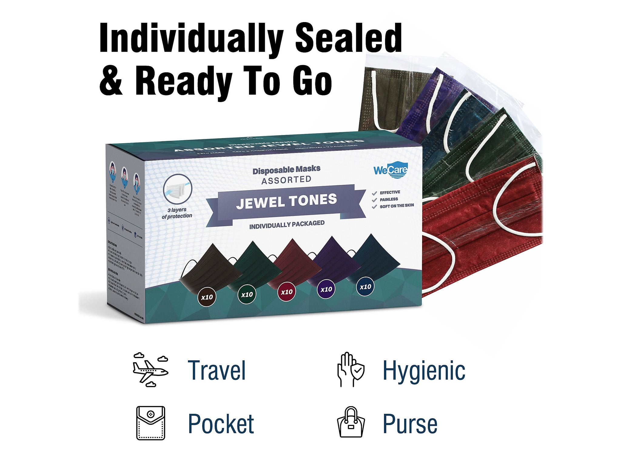 WeCare 3-ply Disposable Face Mask ,Adult, Assorted Jewel Tones, 50/Box