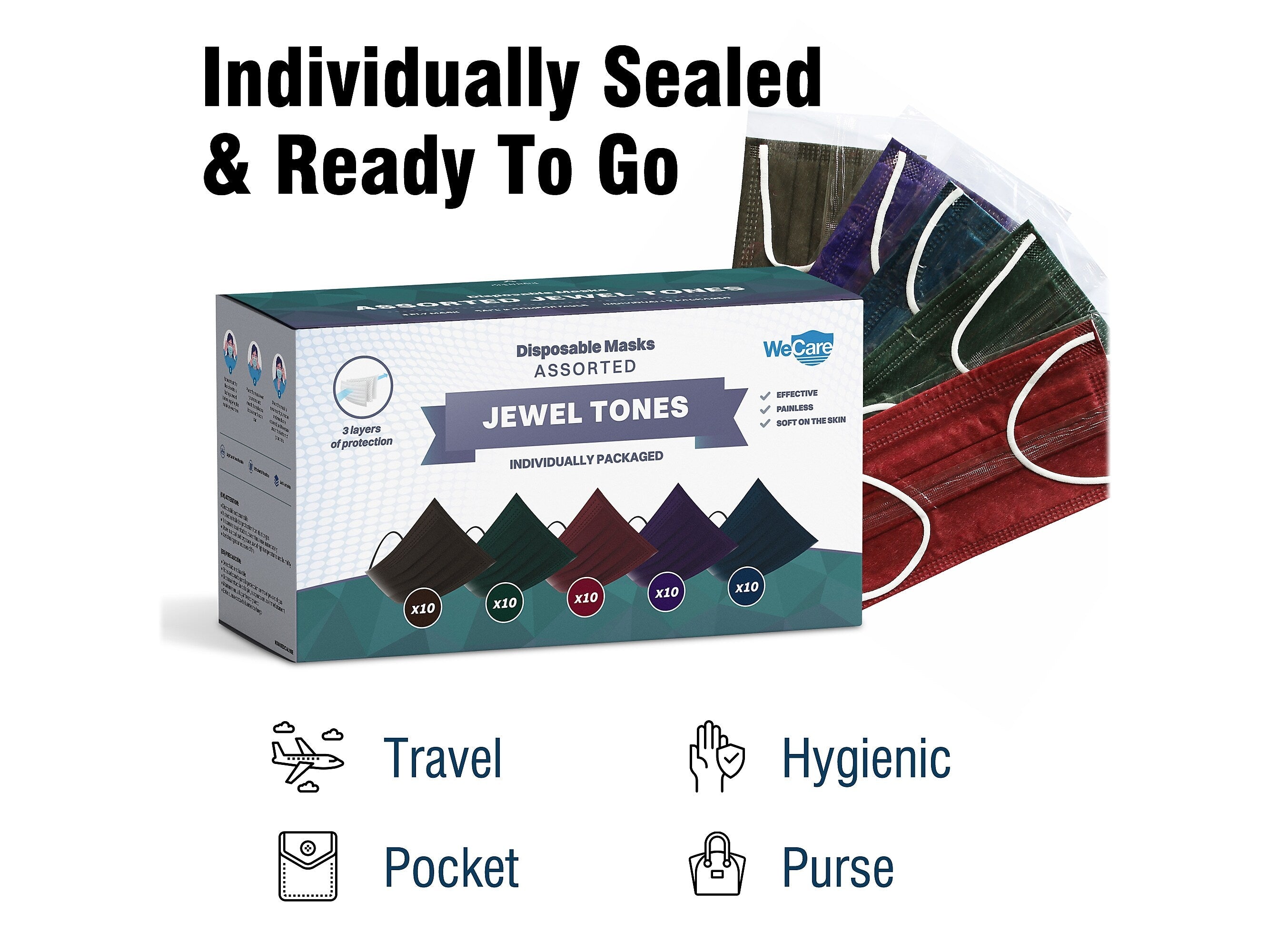 WeCare 3-ply Disposable Face Mask ,Adult, Assorted Jewel Tones, 50/Box