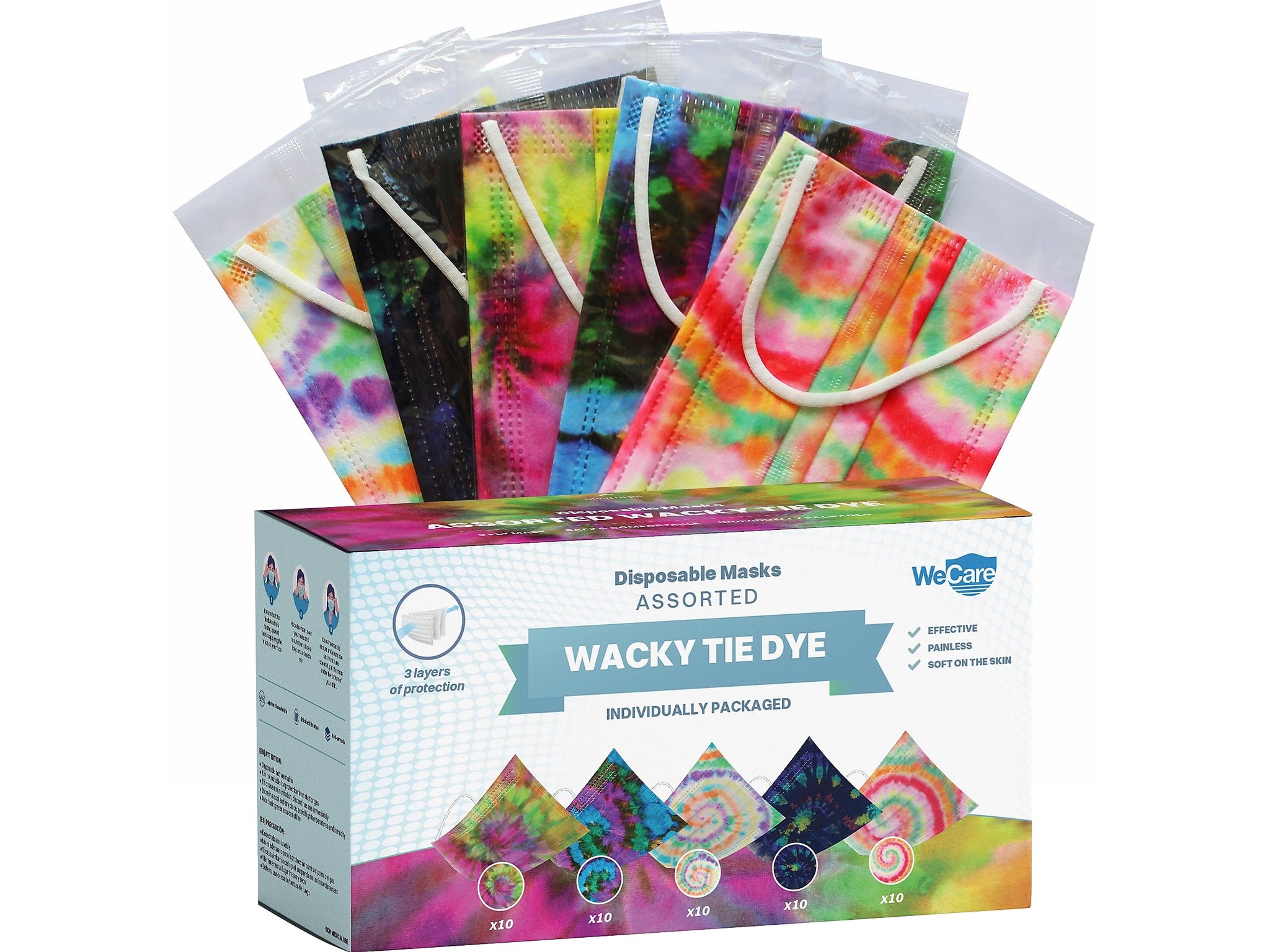 WeCare 3-ply Disposable Face Mask, Adult, Assorted Wacky Tie-Die Designs, 50/Box