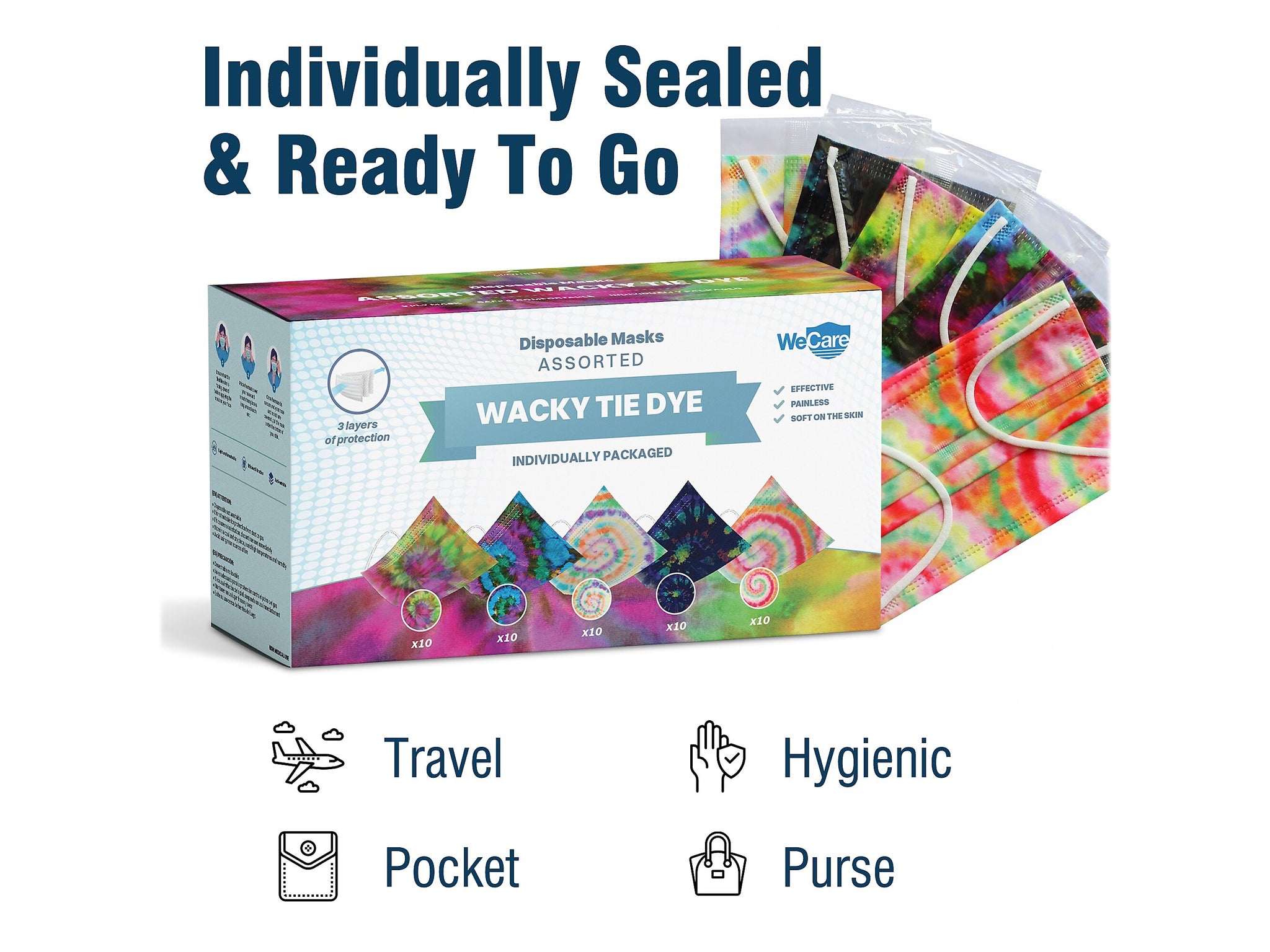 WeCare 3-ply Disposable Face Mask, Adult, Assorted Wacky Tie-Die Designs, 50/Box